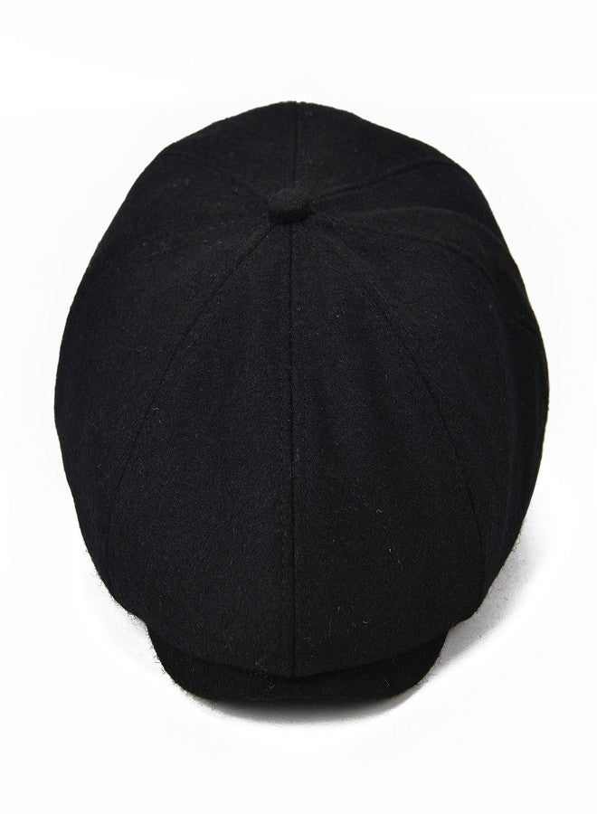 VOBOOM Men Wool Blend 8 Panel Newsboy Cap Herringbone Cabbie Flat Tweed Hat (Black) - Image 2